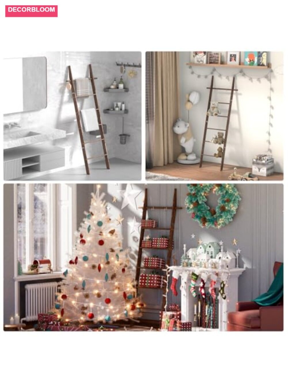 Farmhouse Wooden Blanket Ladder with 5 Removable Hooks, 6-Tier, Rustic Storage - Picture 3 of 6